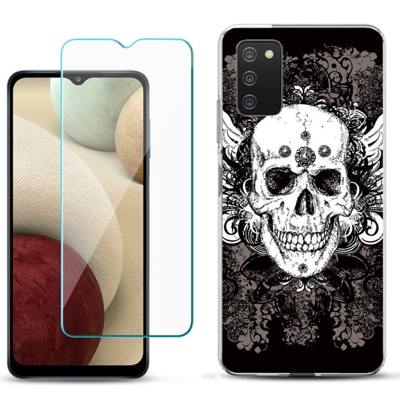 Slim-Fit TPU Phone Case Compatible with Samsung Galaxy A02s, with Tempered Glass Screen Protector, by OneToughShield ® - Grunge Skull