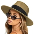 thumbnail image 5 of Jinhomg Sun Straw Fedora Beach Hat, Unisex Casual Wide Brim Summer Vacation Hats Lightweight UV Protection Outdoor Travel Cap Clearance Items for Women Khaki, 5 of 6