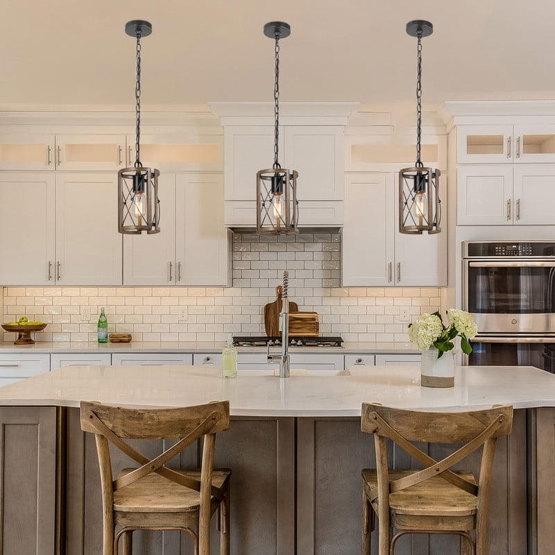LNC Brushed Black Wood Brown Cage Modern Farmhouse Cylinder LED Mini Kitchen Island Light