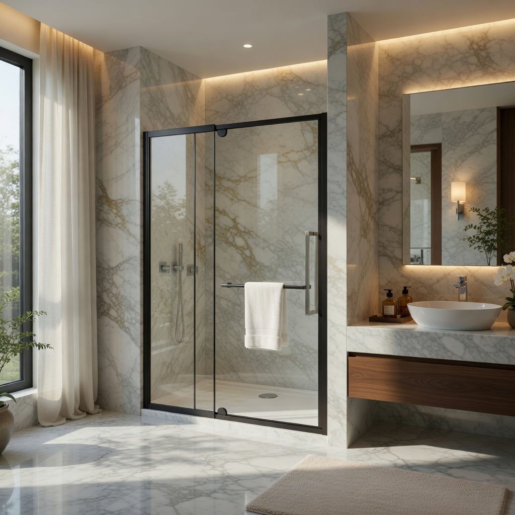 Hommoo 44-48" W x 72" H Pivot Shower Door, 1/4" Thick SGCC-Certified Tempered Glass, Stainless Steel Handle & Aluminum Frame, Reversible Left/Right Installation, Black & Transparent