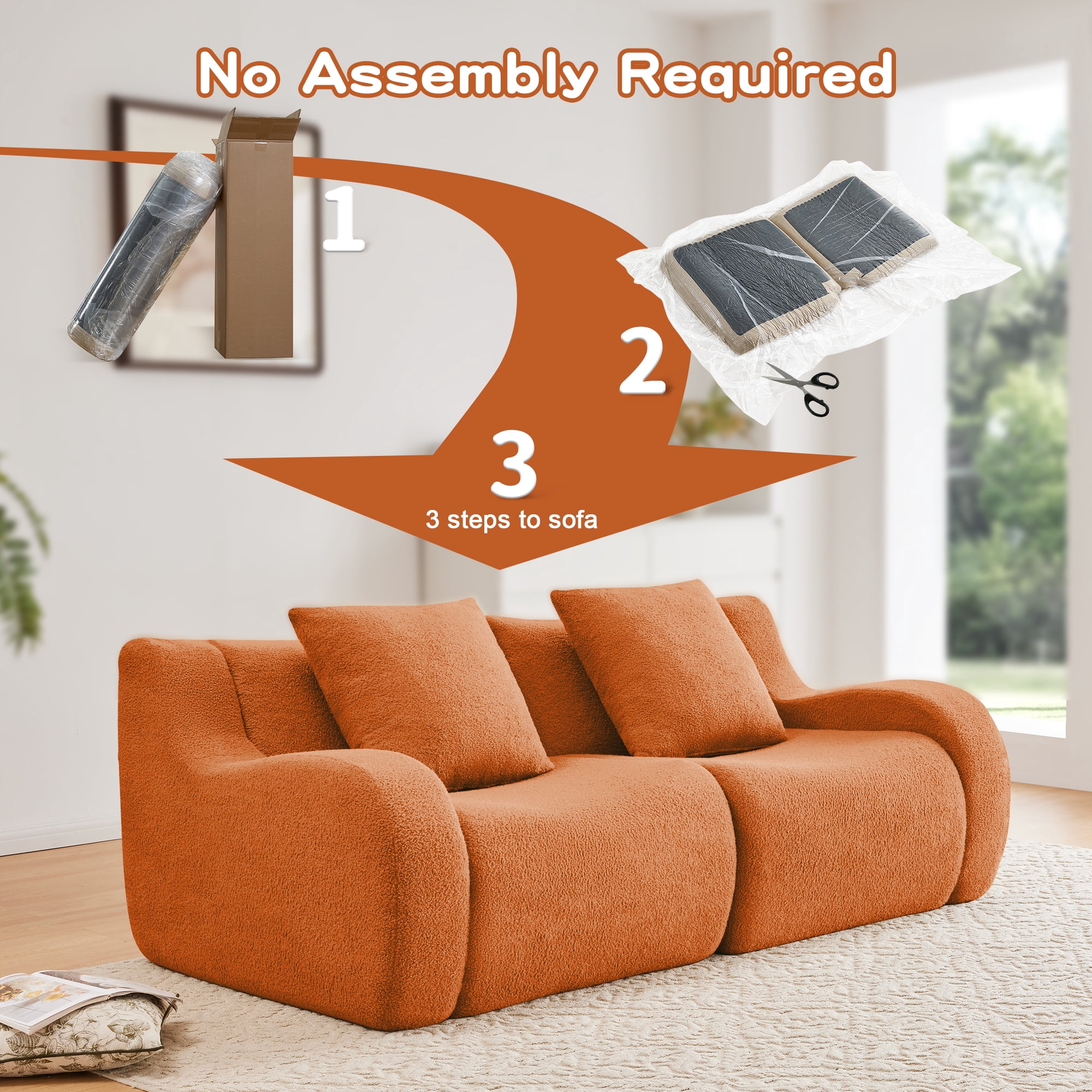 MAYEERTY 82.7" Teddy Fabric Boneless Sofa, Orange 300lbs/seat 32D Foam Non-Slip No Assembly Couch for Living Room Bedroom