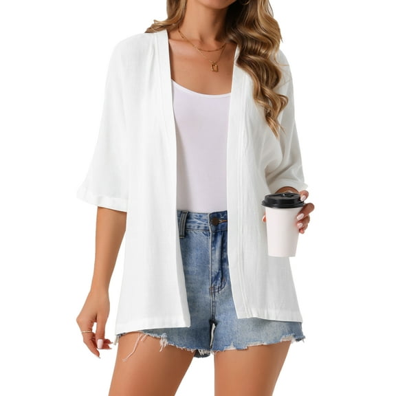 DARING DIVA Kimono Cardigan Open Front Loose Fit Linen Lightweight Shrug S White
