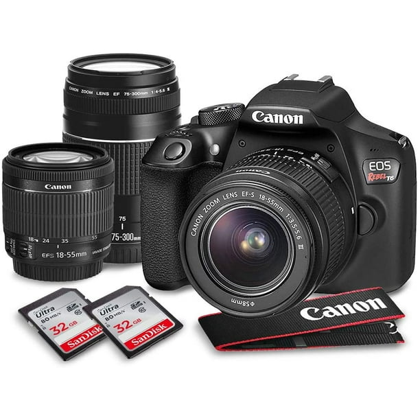 Canon Rebel T6 DSLR Camera W/ EF-S 18-55mm f/3.5-5.6 II Lens - 75-300mm Lens, +2X 32GB along with Deluxe Accessories Walmart.com