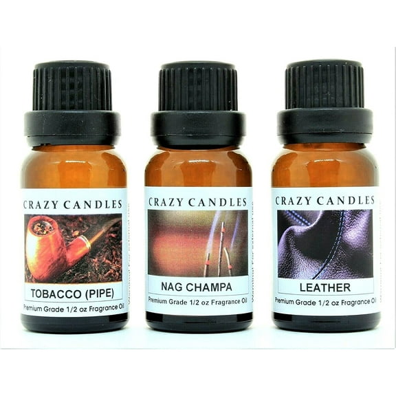 Crazy Candles 3 Bottles Set, 1 Leather, 1 Tobacco (Pipe), 1 Nag Champa 1/2 Fl Oz Each (15ml) Premium Grade Scented Fragrance Oils