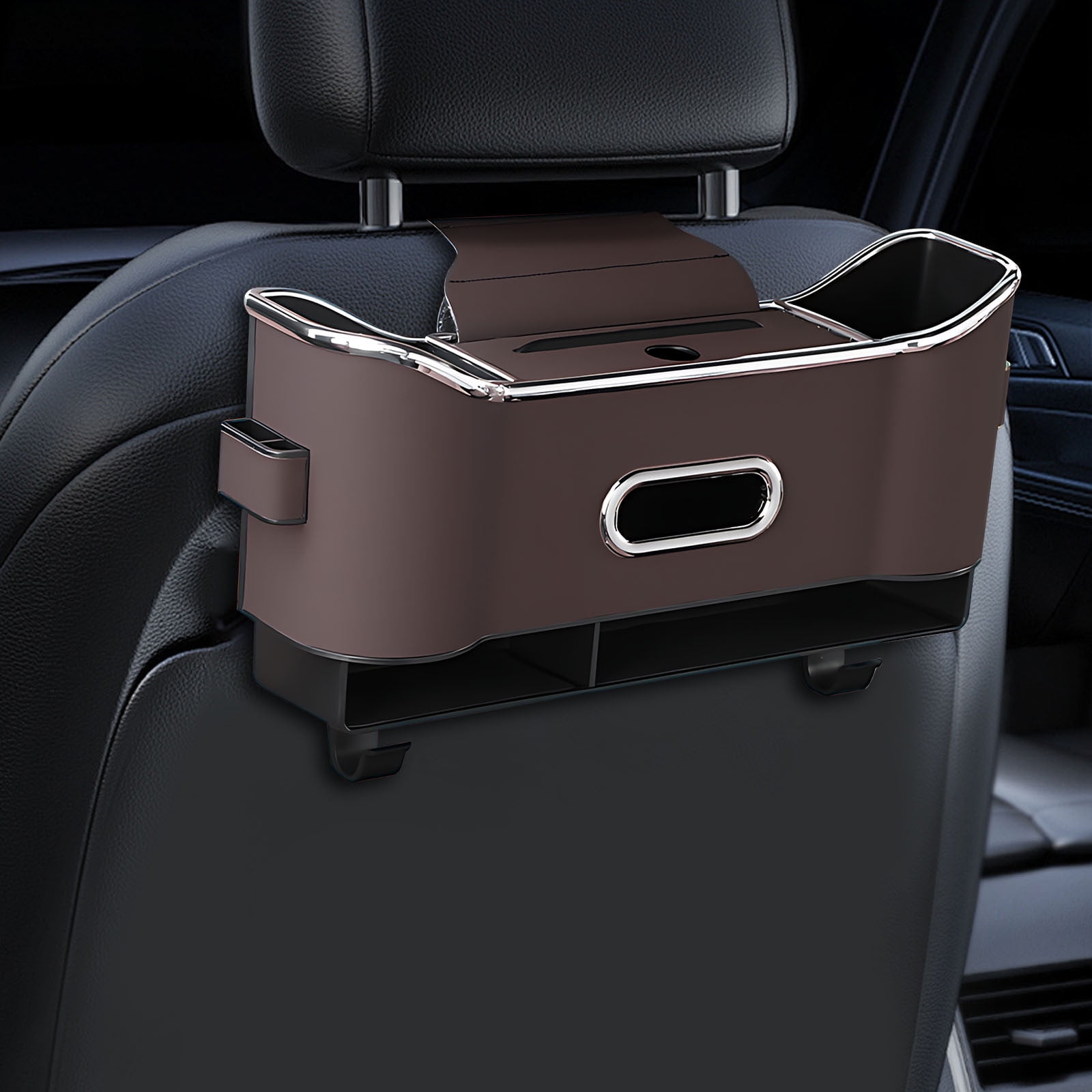 Car Back Seat Organizer with 2 Drink Cup Holder - Stylish & Functional Storage for Family Adventures - Cup Holders, Tissue Box & Hooks - Perfect for Kids, Road Trips & Travel