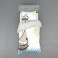 thumbnail image 1 of Retro Duvet Cover Set, Ornate Ship Floating on Classic Greek Style Ocean Waves Faded Sun, Bedding Set with Shams and Fitted Sheet, 3 Sizes, by Ambesonne, 1 of 3