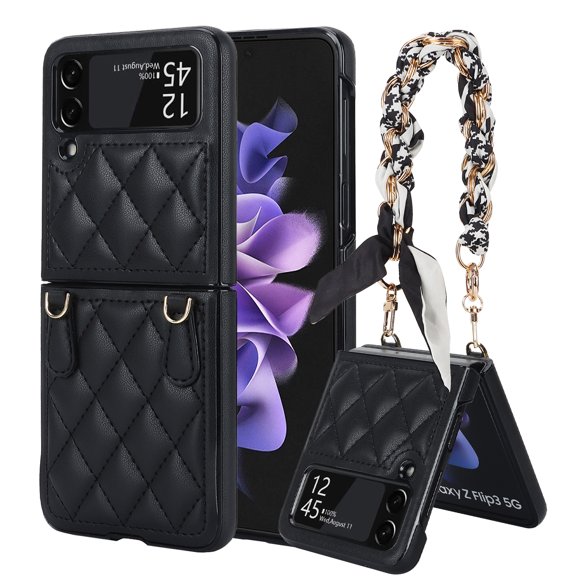Dteck Slim Case for Samsung Galaxy Z Flip 3 with Wrist Strap Bracelet Silk Scarf for Women Girls, Anti-Fall Shockproof Protective Cover for Galaxy Z Flip3 5G,Black