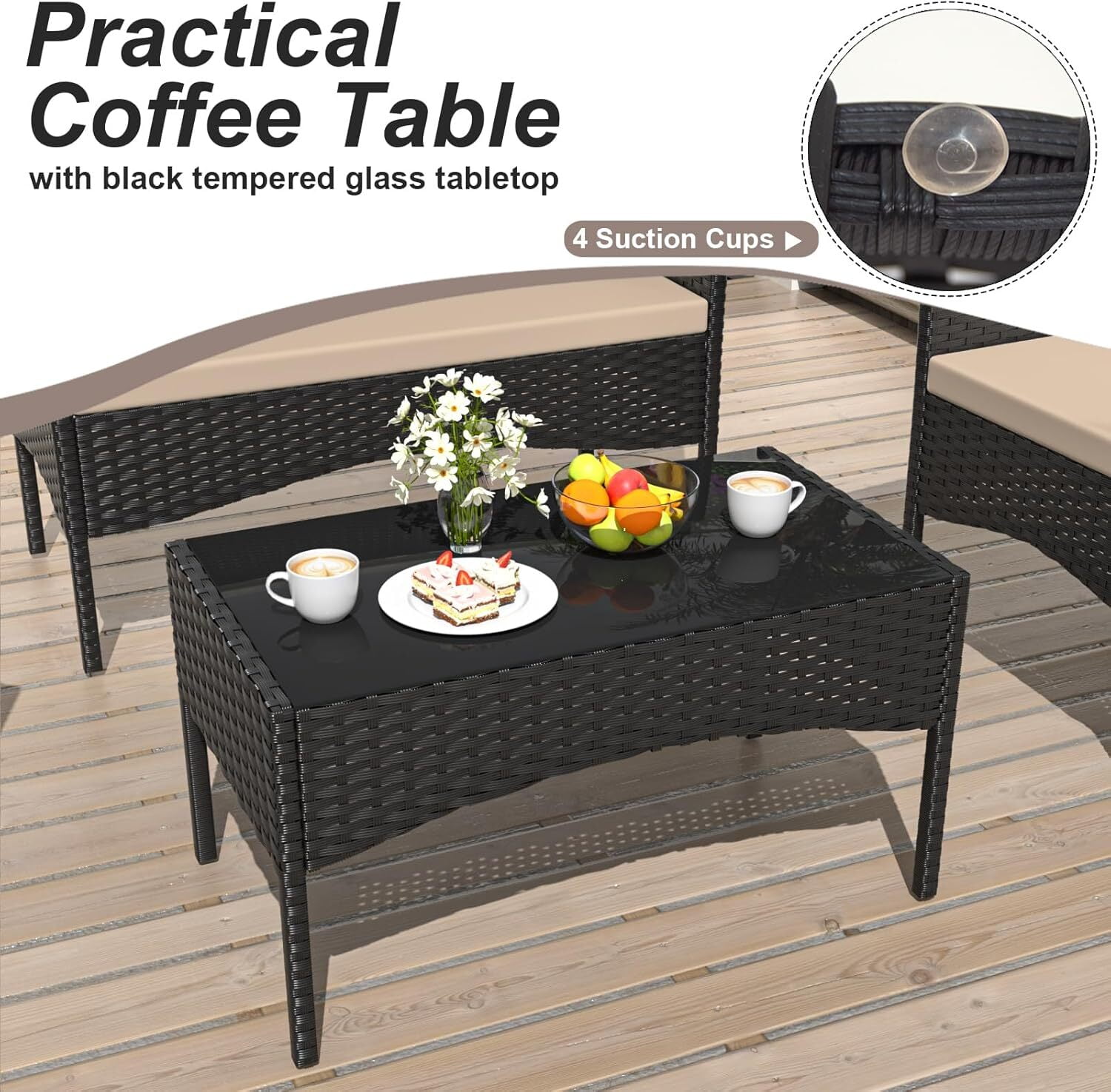 ASJMR 4 Pieces Outdoor Patio Furniture Sets Conversation Sets Rattan Chair Wicker Sets with Cushions & Tempered Glass Table for Patio Pool Backyard,Brown