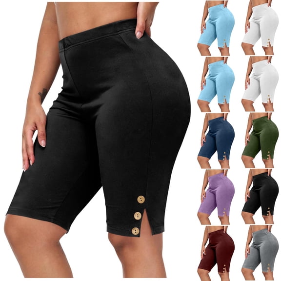 AKOEE Women's Plus Size Leggings Shorts with Side Buttons High Waist Stretchy Soft Workout Biker Yoga Shorts (2XL, Black)