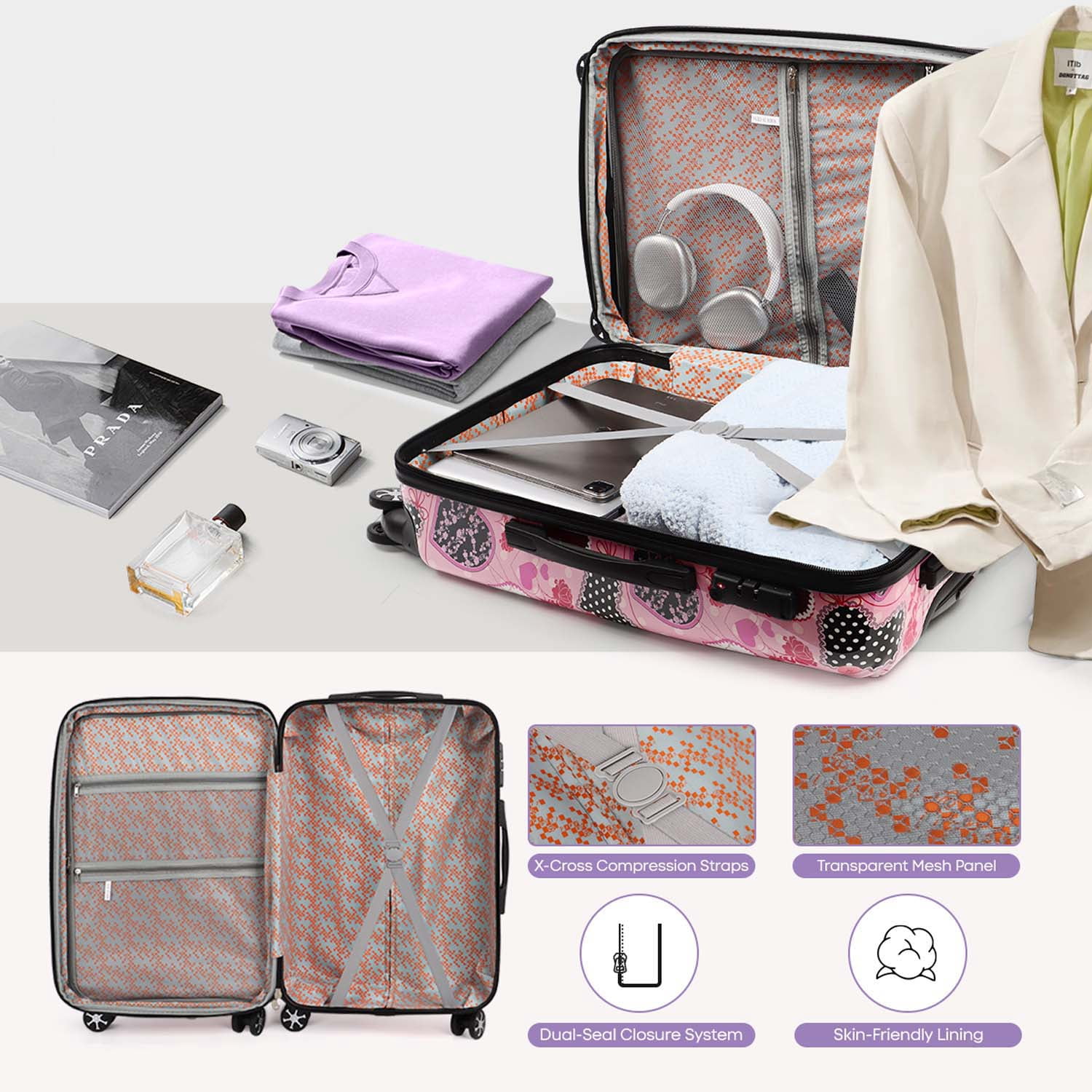 3 Piece Hardside Luggage Set PC Lightweight Expandable Suitcase with Spinner Wheels TSA Lock, 20"/24"/28", Pink, 0028#11
