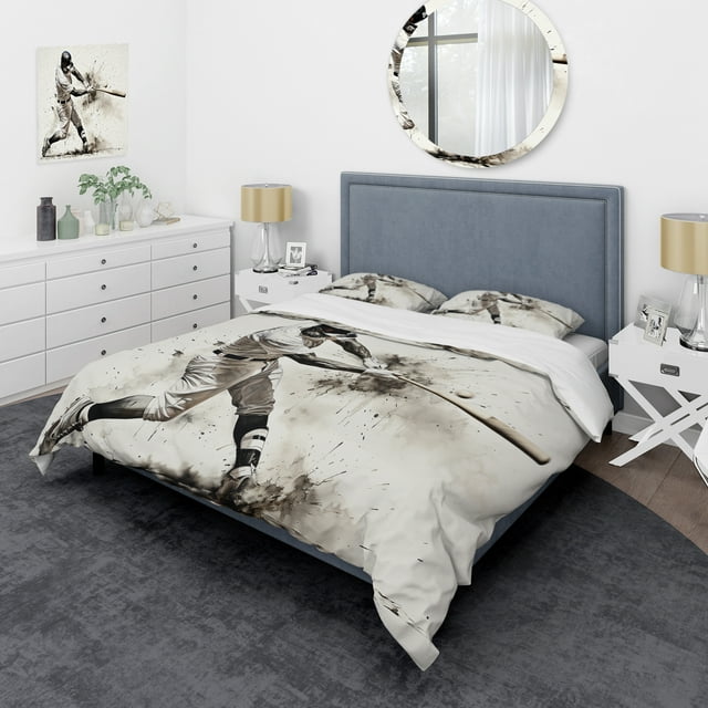 Designart "Minimalist Baseball Swing II" Sports Bedding Covert Set - Sport Baseball Grey Traditional Bed Set With 1 Sham