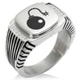 thumbnail image 1 of Stainless Steel Pirate Bombardier Icon CZ Ribbed Needle Stripe Pattern Biker Style Polished Ring, 1 of 1