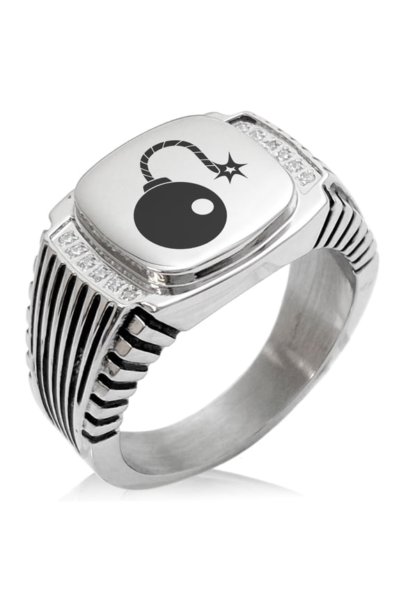 Stainless Steel Pirate Bombardier Icon CZ Ribbed Needle Stripe Pattern Biker Style Polished Ring