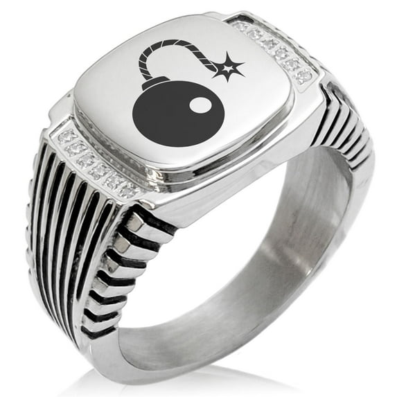 Stainless Steel Pirate Bombardier Icon CZ Ribbed Needle Stripe Pattern Biker Style Polished Ring