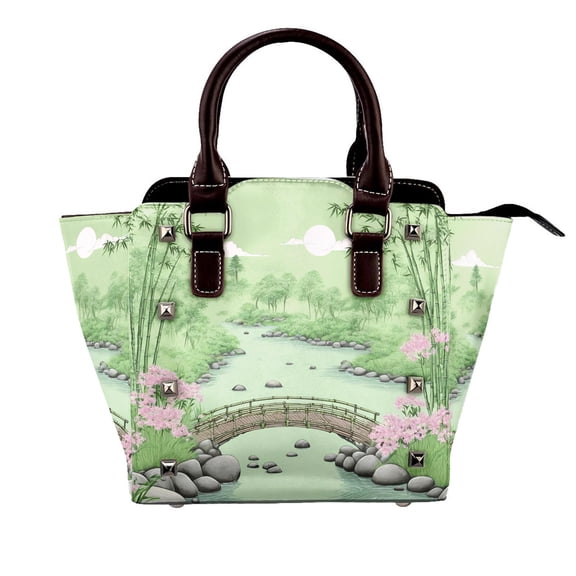 Green Bamboo Moon Rivet Handbag Studded Satchel One-Shoulder Tote Bag for Women