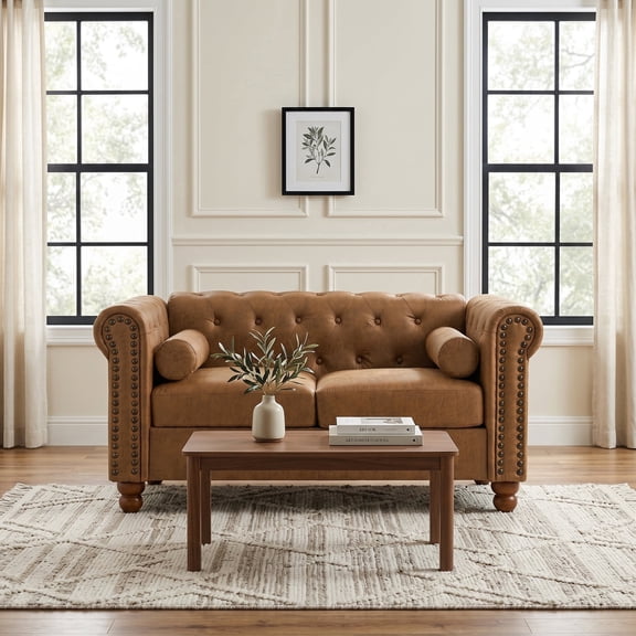 Chesterfield Air Leather Upholstered Loveseat with Nailhead Trim and Rolled Arms