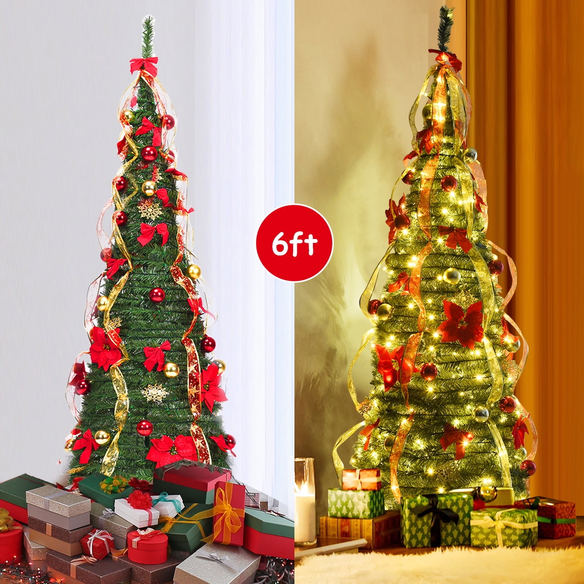 Gymax 6' Christmas Spruce Pre-lit Poinsettia Tree Decorated Pop-Up