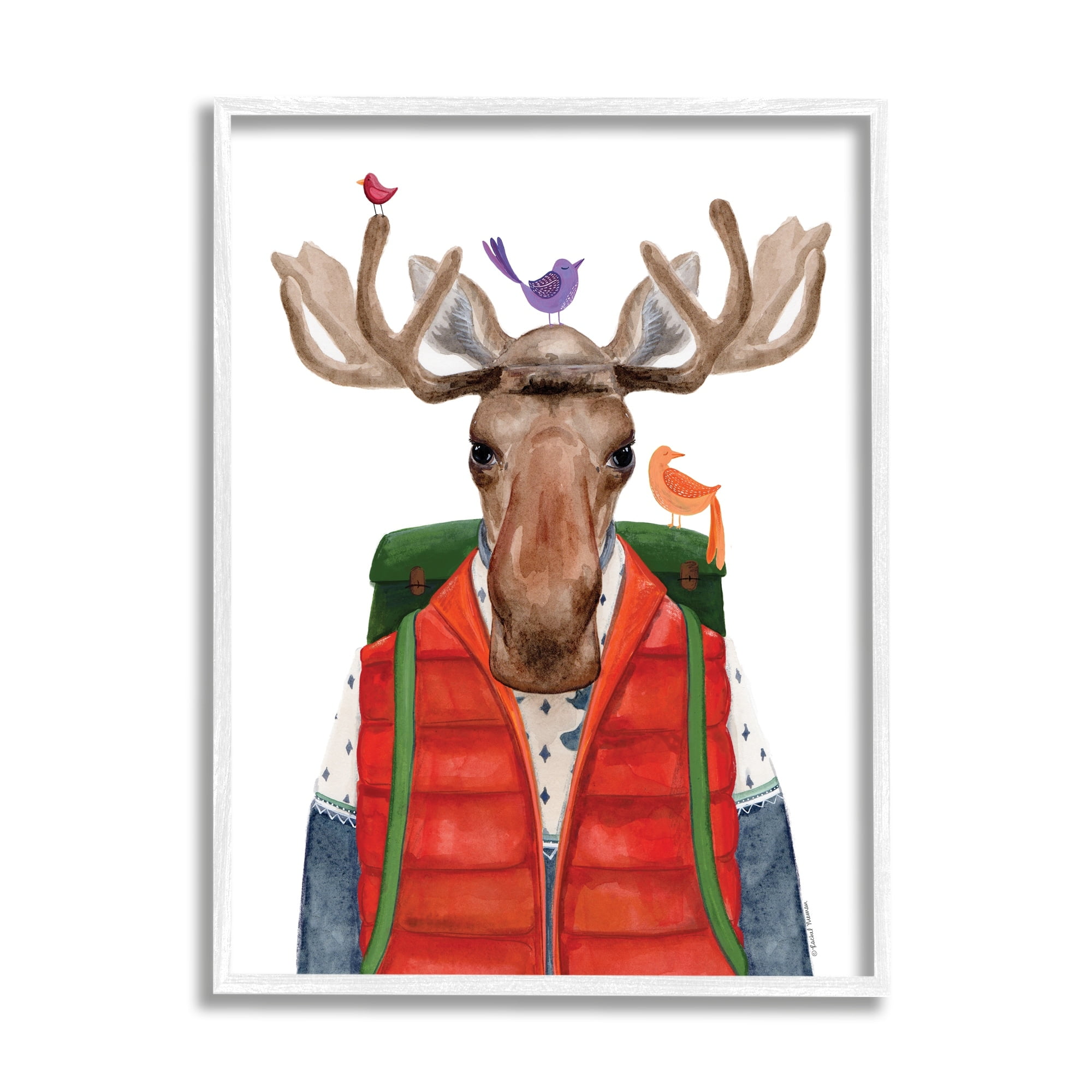 Stupell Industries Rustic Camp Attire Moose Antlers Perched Birds Framed Wall Art, 11 x 14, Design by Rachel Nieman