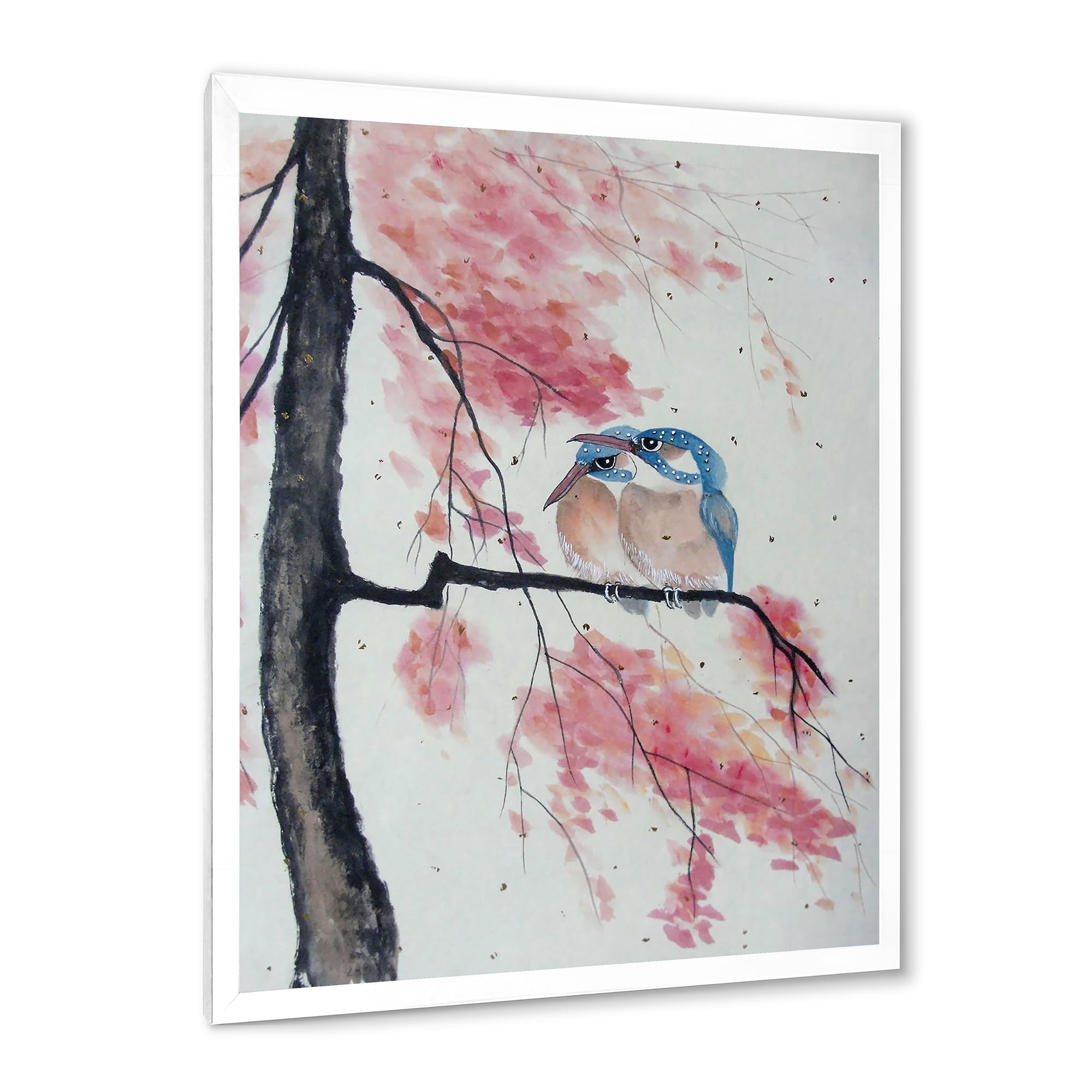 Two Blue Kingfisher Birds Sitting On A Flowering Branch 16 in x 32 in Framed Painting Canvas Art Print, by Designart