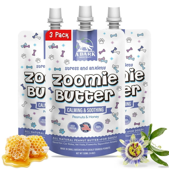 Zoomie Butter Stress AJH3& Anxiety Dog Peanut Butter All Natural Calming Dog Treat. Human Grade & Safe Puppy Food, Passion Flower for Separation Anxiety, Behavior Aid, USA Grown & Made