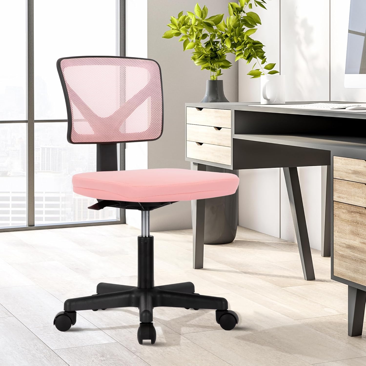 QUIOCOZY Armless Small Home Office Desk Chair, Ergonomic Low Back Computer Chair, Adjustable Rolling Swivel Task Chair with Lumbar Support for Small Space