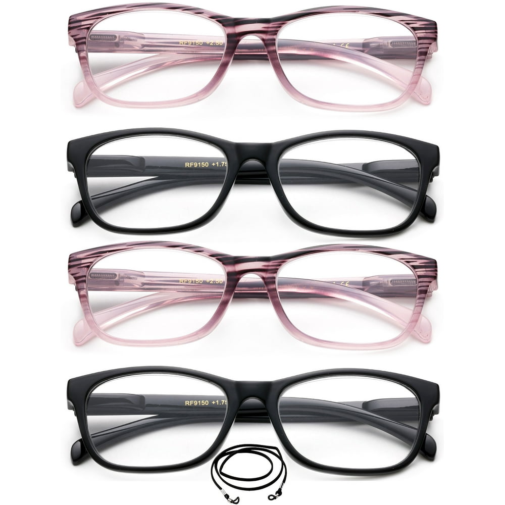 4 Packs Women Reading Glasses Pink & Black with Lanyard Spring Hinge