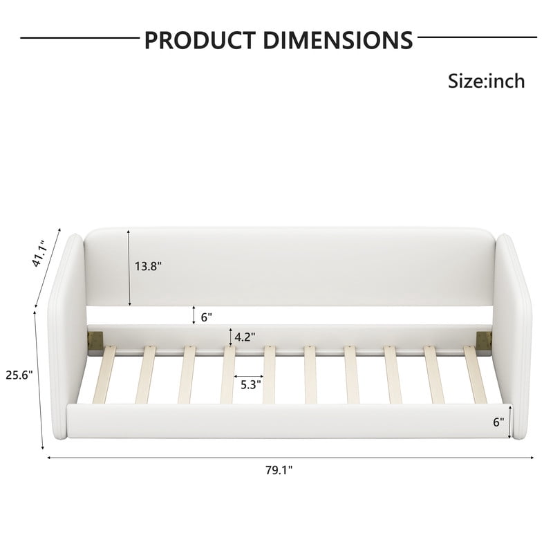 Twin Size Kids Low Profile Platform Floor Bed with Headboard and Armrests, Velvet Upholstered Child Daybed Frame with Guardrail