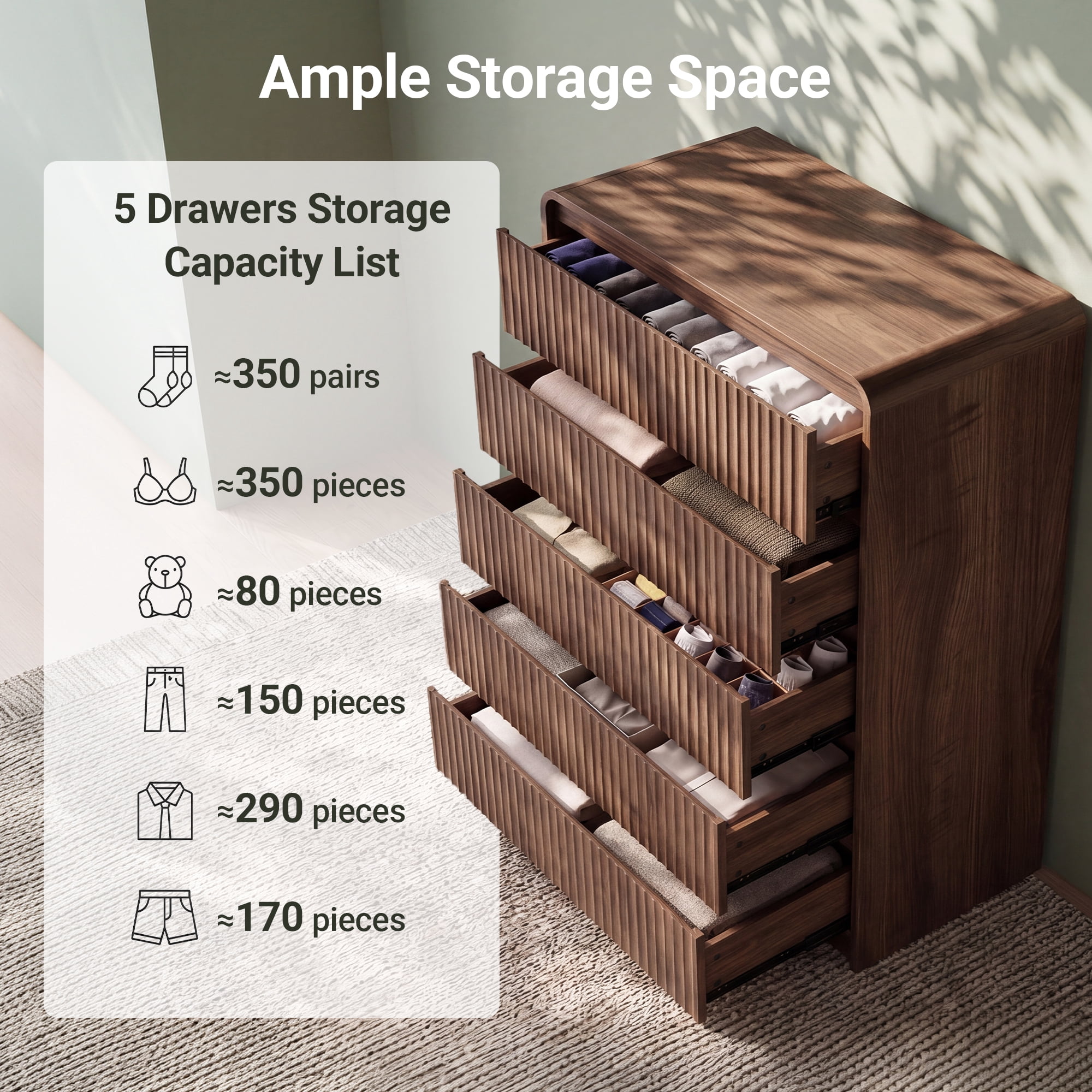 YDN Modern Fluted 5 Drawers Dressers for Bedroom with Drawers - 31.5" Wooden Tall Chest of Drawers, Curved Dresser Storage Organizer with Anti-Tip for Closet Hallway, Entryway, Living Room, Walnut
