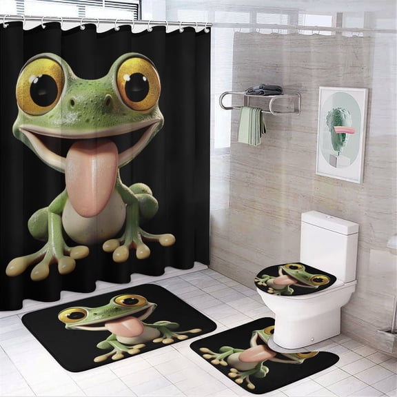 Green Frog Cute Animal Shower Curtain 4 Piece Sets Rug Toilet Lid Cover And Non-Slip U Shape Mat Summer Frog Waterproof Personality Pattern Bath Curtains for Bathroom Decor