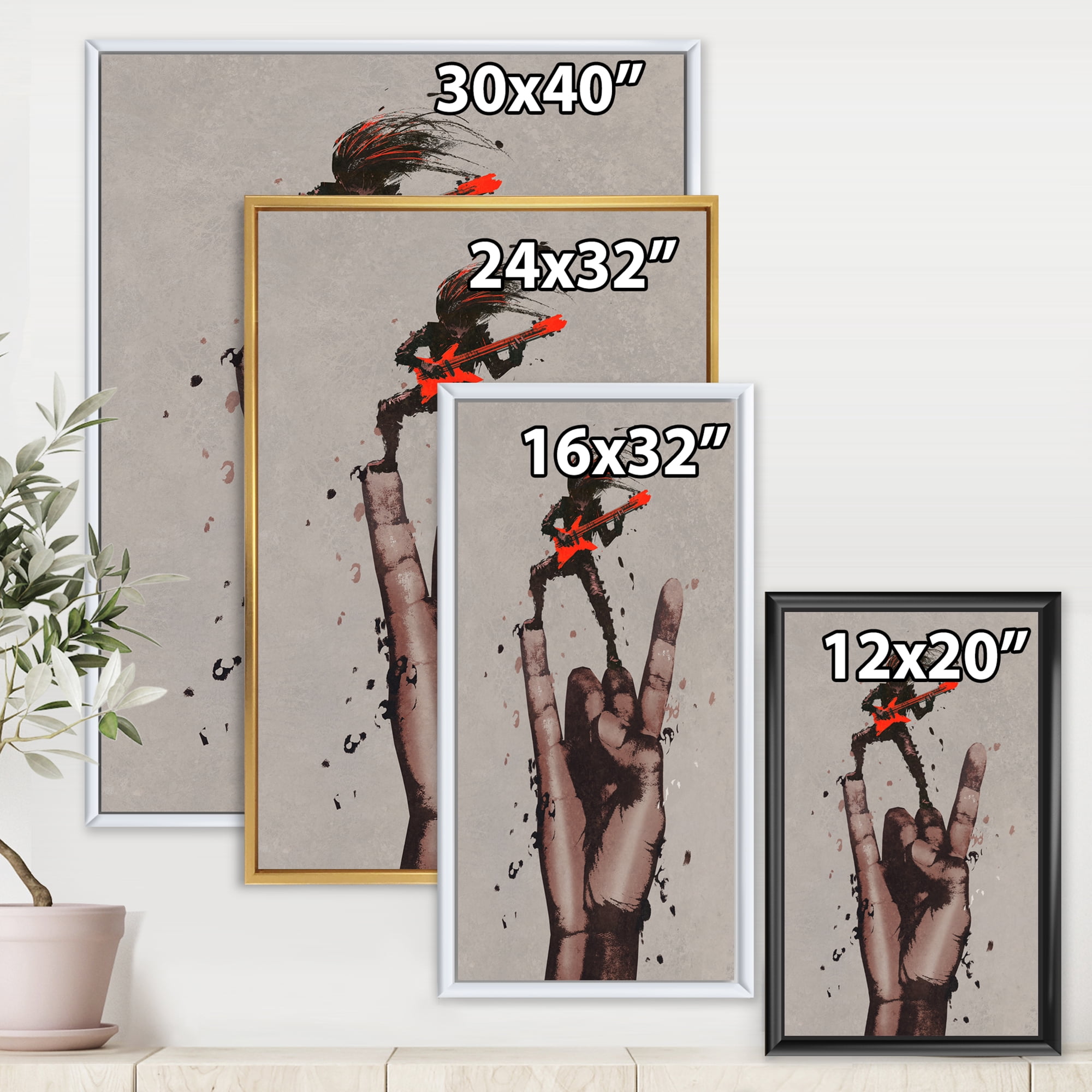 Designart 'The Guitarist On Rock and Roll Sign' Modern Framed Canvas Wall Art Print