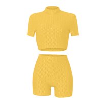 REORIAFEE Lounge Wear Sets Women 80s Outfit Women's Sportswear 2 Piece Set Workout Short Sleeve Exercise Zipper Yoga Clothes Yellow XXL