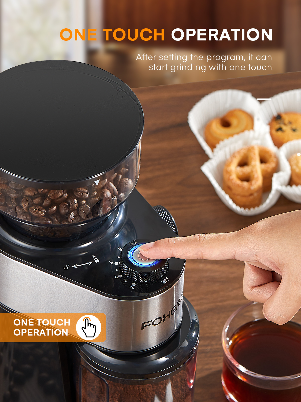 FOHERE Electric Burr Coffee Grinder, 200W photo 8