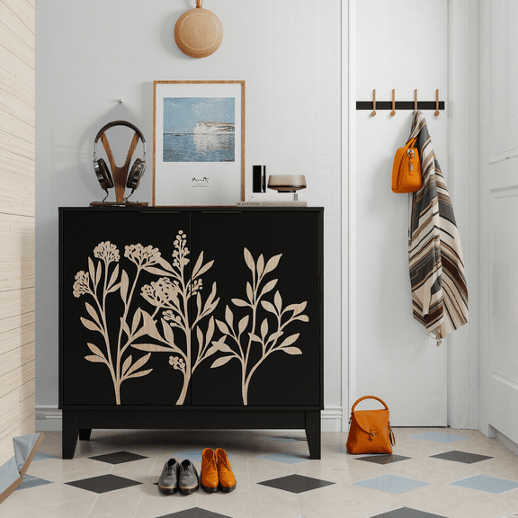 Algherohein Modern Carved Buffet Cabinet,Kitchen Storage Cabinets,Black