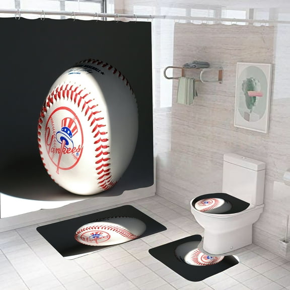 Baseball Yankees Shower Curtain, Bathroom 4 Pieces Set Toilet Lid Cover and Bath Mat, Non-Slip Rugs, Durable and Waterproof, for Bathroom Decor Set, 72" x 72"