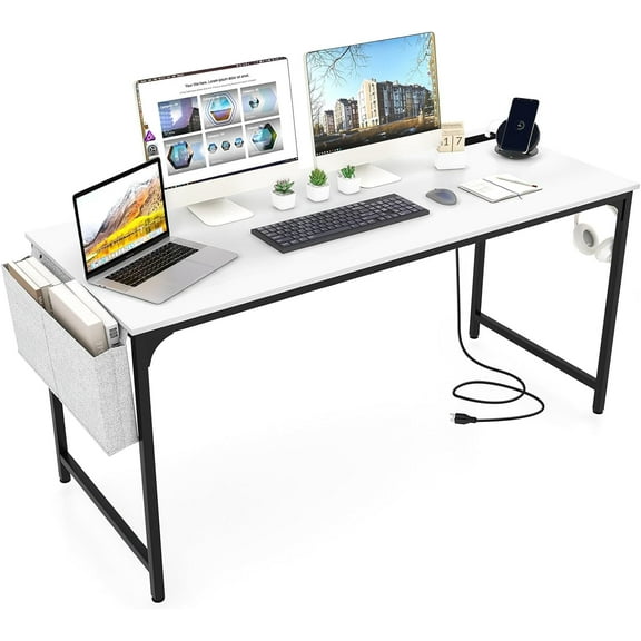 ZYPPP 60 Inch Computer Desk with Charging Station, Home Office Writing Desk with Storage Bag & Headphone Hook, Large Gaming Table PC Workstation, Modern Simple Laptop Desk for Bedroom, Study White