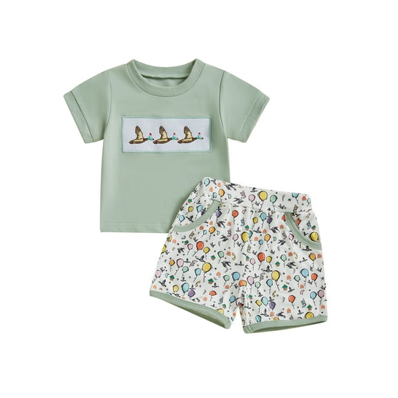 Toddler Baby Boys Summer Outfits 6 12 18 24 Months 2T 3T 4T Duck Embroidered Short Sleeve T-Shirts Elastic Waist Shorts 2Pcs Clothes Set