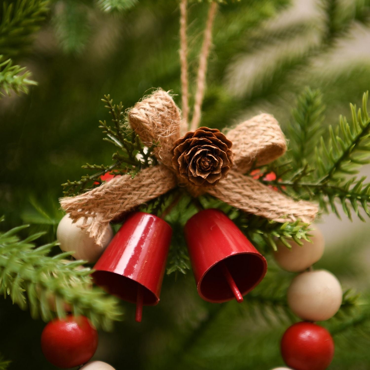 Holiday Time Winter Chalet Beaded Wooden Wreath With Bell Christmas Ornament, Red