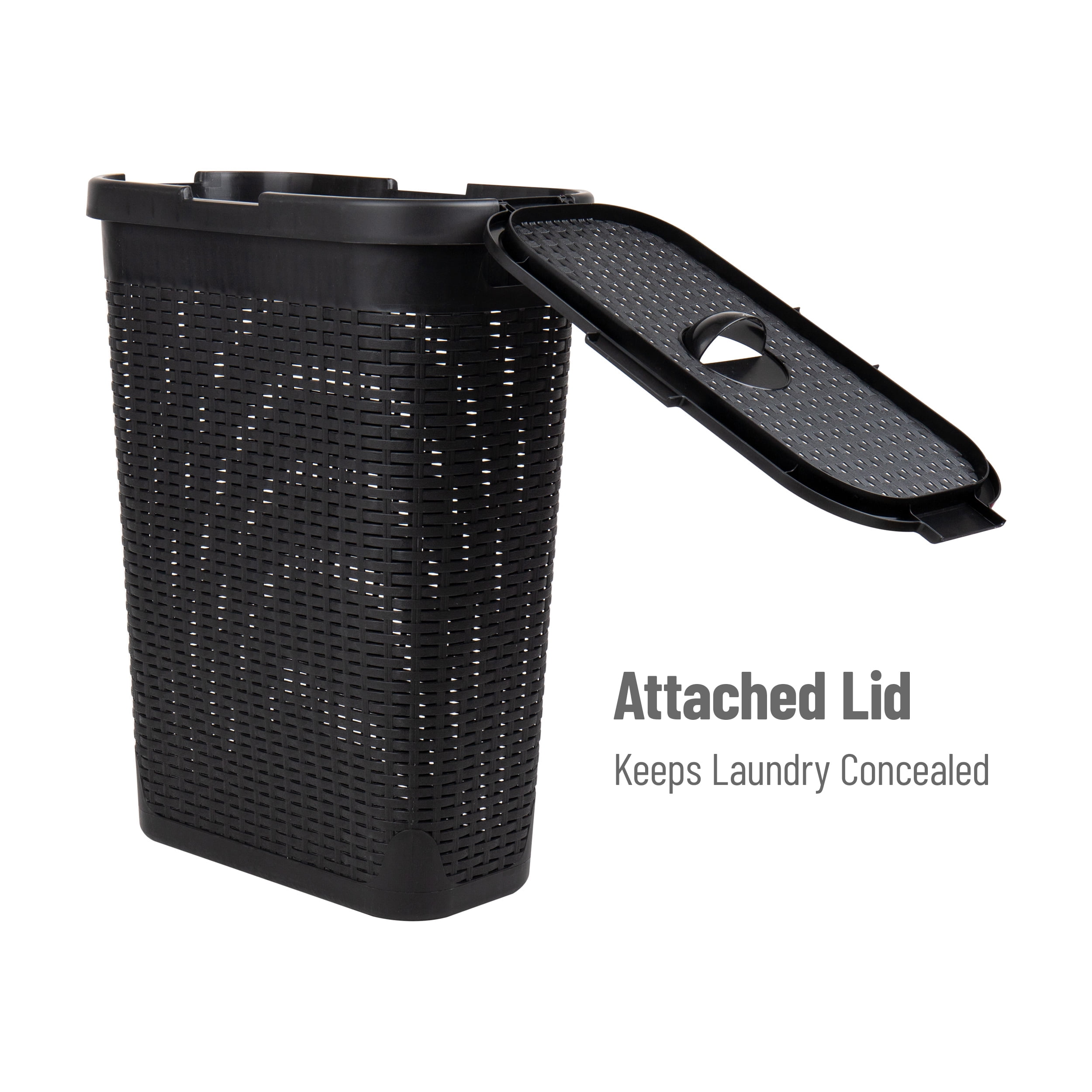 Mind Reader 40L Slim Laundry Hamper, Lid, Wicker Design, Plastic, 18"L x 10.4"W x 23.5"H Adult, Black