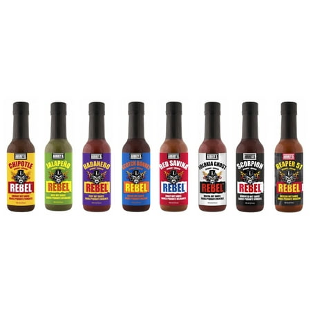 Aubrey D. Rebel Chipotle, Jalapeno, Habanero, Red Savina, Jolokia Ghost, Scorpion, Reaper 51 and Scotch Bonnet Hot Sauces, 150ml x