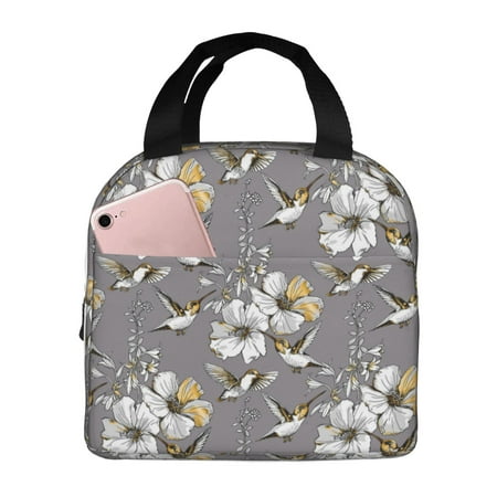 Insulated Lunch Bag for Women Men - White Flowers Hummingbird Gray Leakproof Cooler Lunch Box for Women Men  Lunch Tote Bags for Work School Picnic Travel