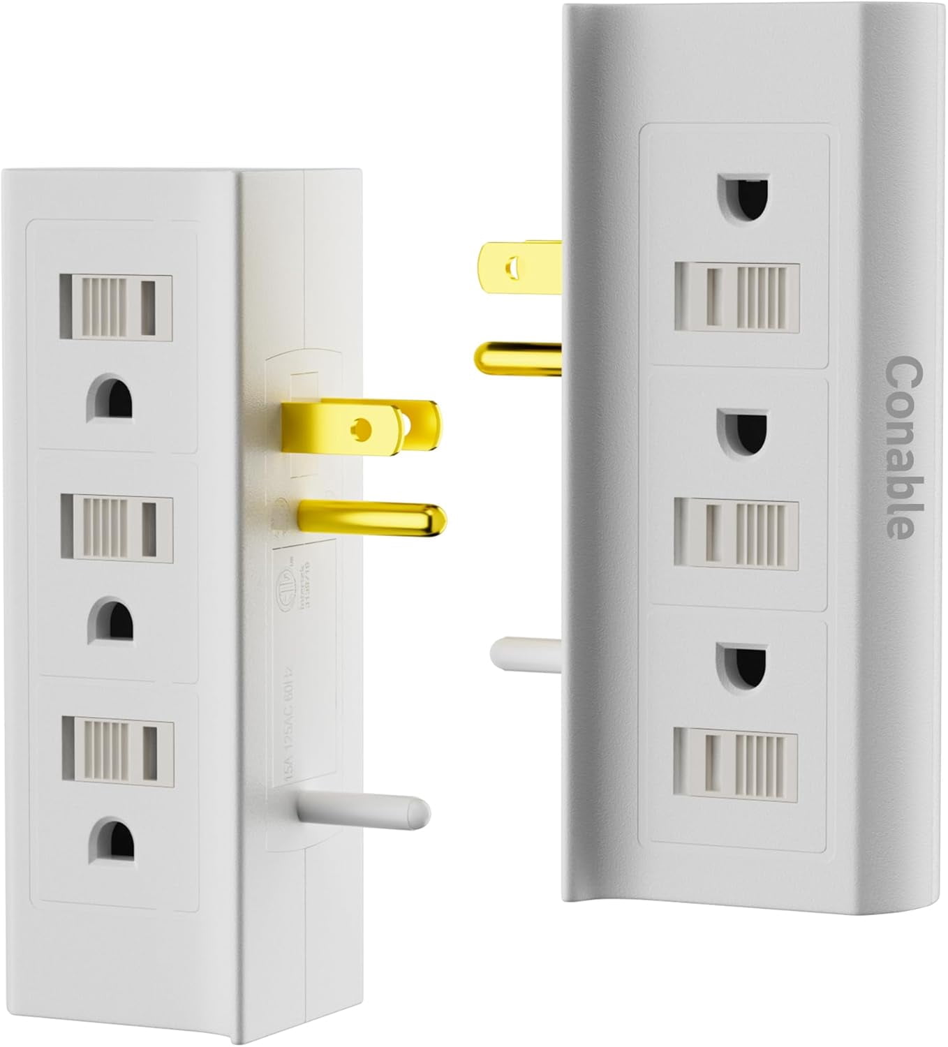 HRTGFD-6 Outlets Splitter 2-Pack, 6-Outlet with Sliding Safety Covers, Grounded Side Access Outlet Extender Wall Tap, 3-Prong, Multiple Plug, Vertical Power Strip, White Adapter, 125V 15A 1875W, 2 Pa