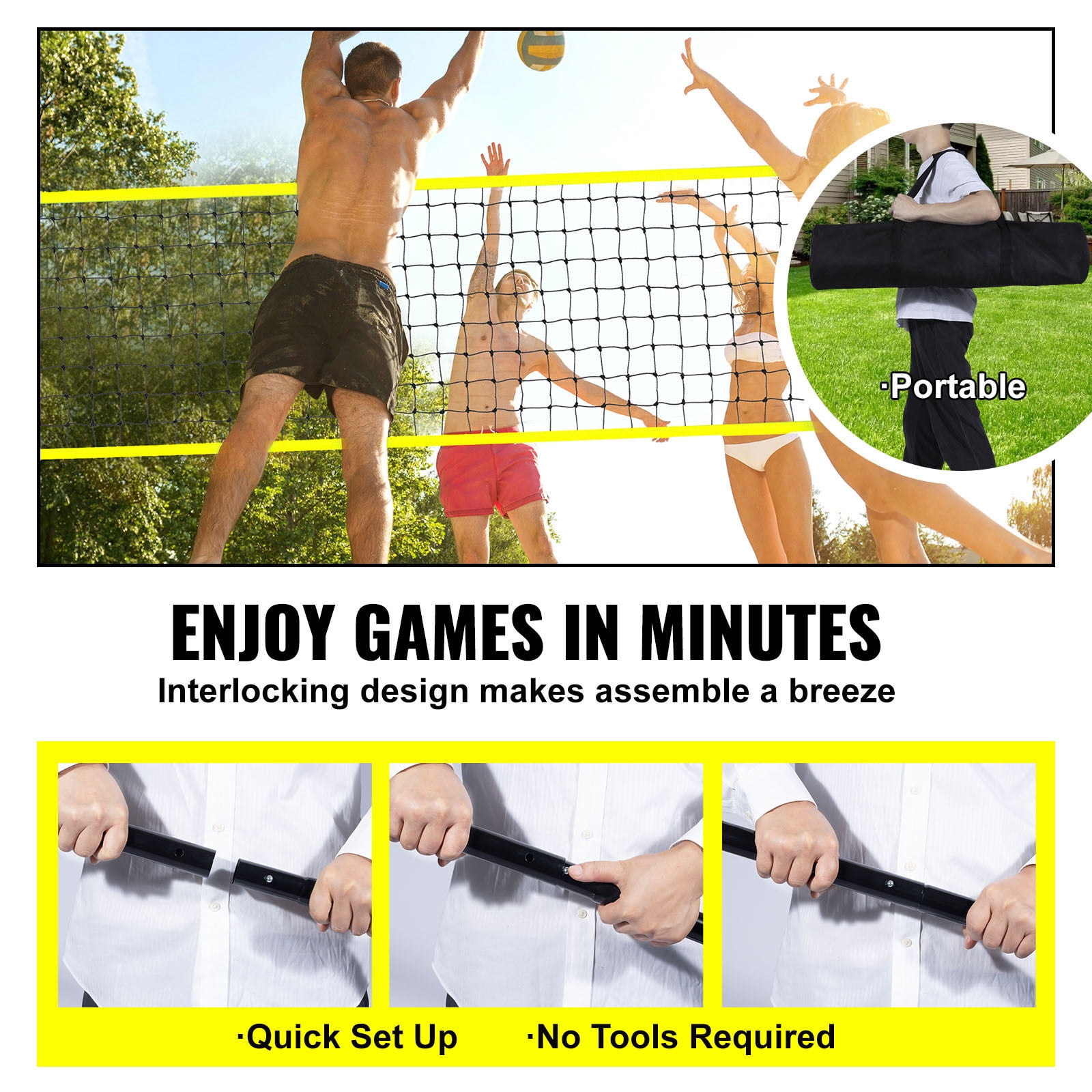 KFFKFF Portable Volleyball Net Kit for Outdoor Use, Steel Poles with Adjustable Height, Pro Volleyball Set Including PVC Volleyball, Pump, Transport Bag, Robust Volleyball Net