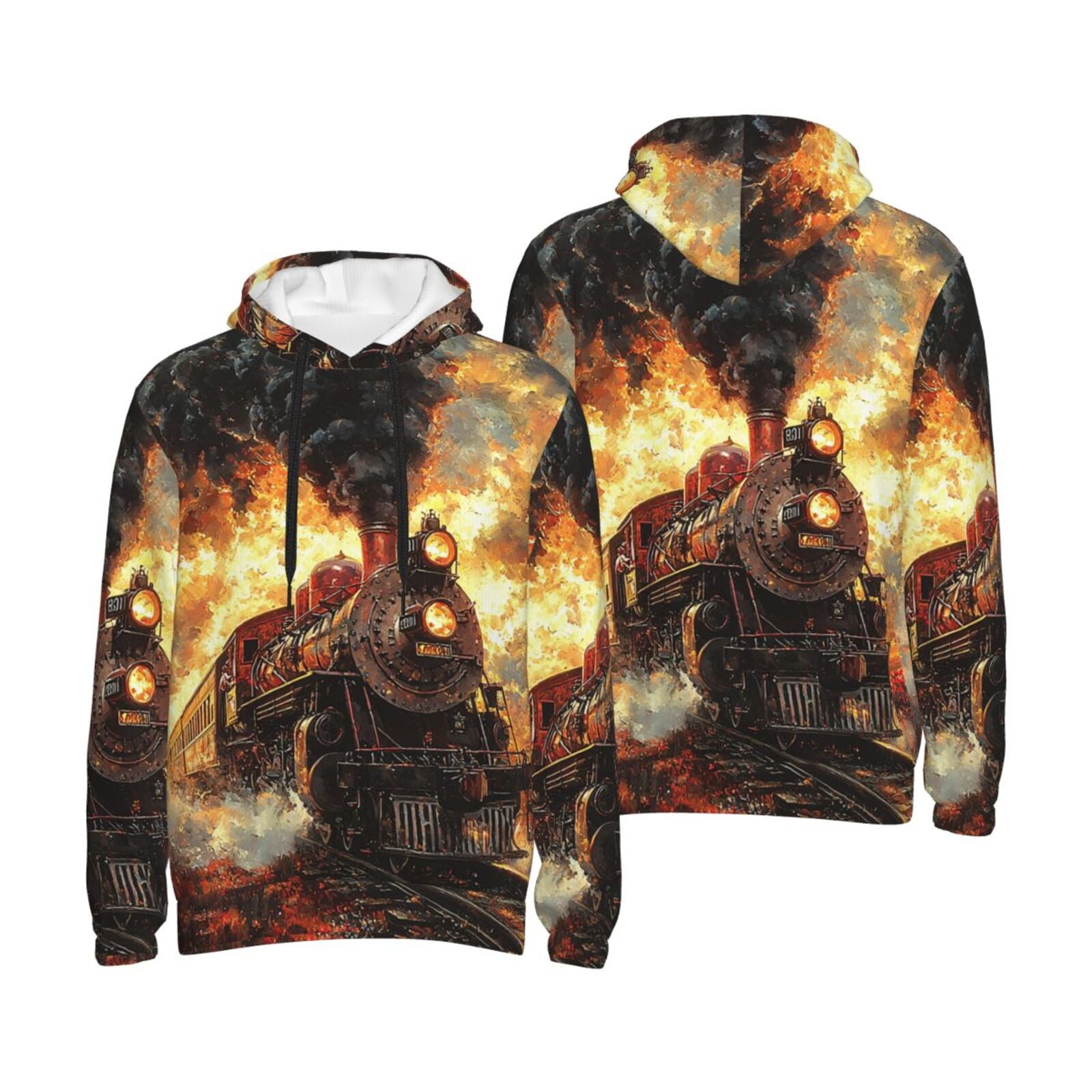 Men's Hoodie Pullover Casual Hooded Sweatshirt 3D, Retro Steam Train Vintage