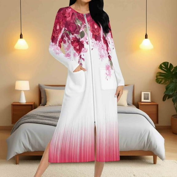 Aboser Women's Long Lounger Robe with Pockets Elegant Floral Printing Loungewear Soft Full Length House Coat Loose Fit Long Sleeve Pajama Dress