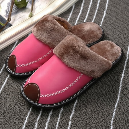 

CoCopeanut Winter Fur Women Home Slippers Large Size PU Leather Warm Plush Couples Bedroom Shoes Non-slip Men Furry Slippers Female Slides