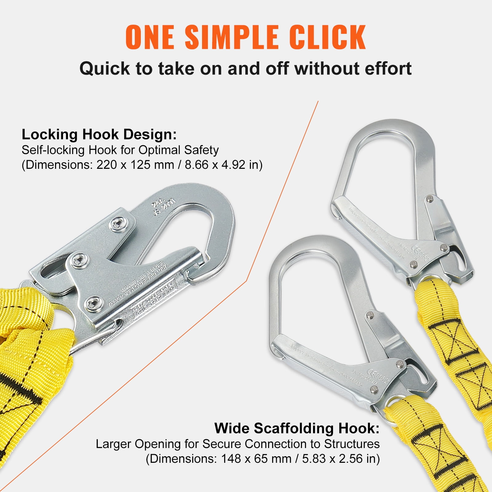 KFFKFF 38mm Protective Lanyard, 6ft Safety Cord with Dual Alloy Snap Hooks, Flexible Security Strap for Tree Climbing, Indoor/Outdoor Use, 38KN Tensile Strength, Yellow