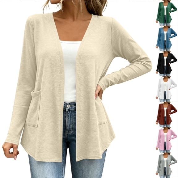 VBVC Women's Lightweight Open Front Cardigan , Stretchy Long Sleeve Top For Women , Ladies' Classic Drape Duster with Pockets, Khaki , S-3XL