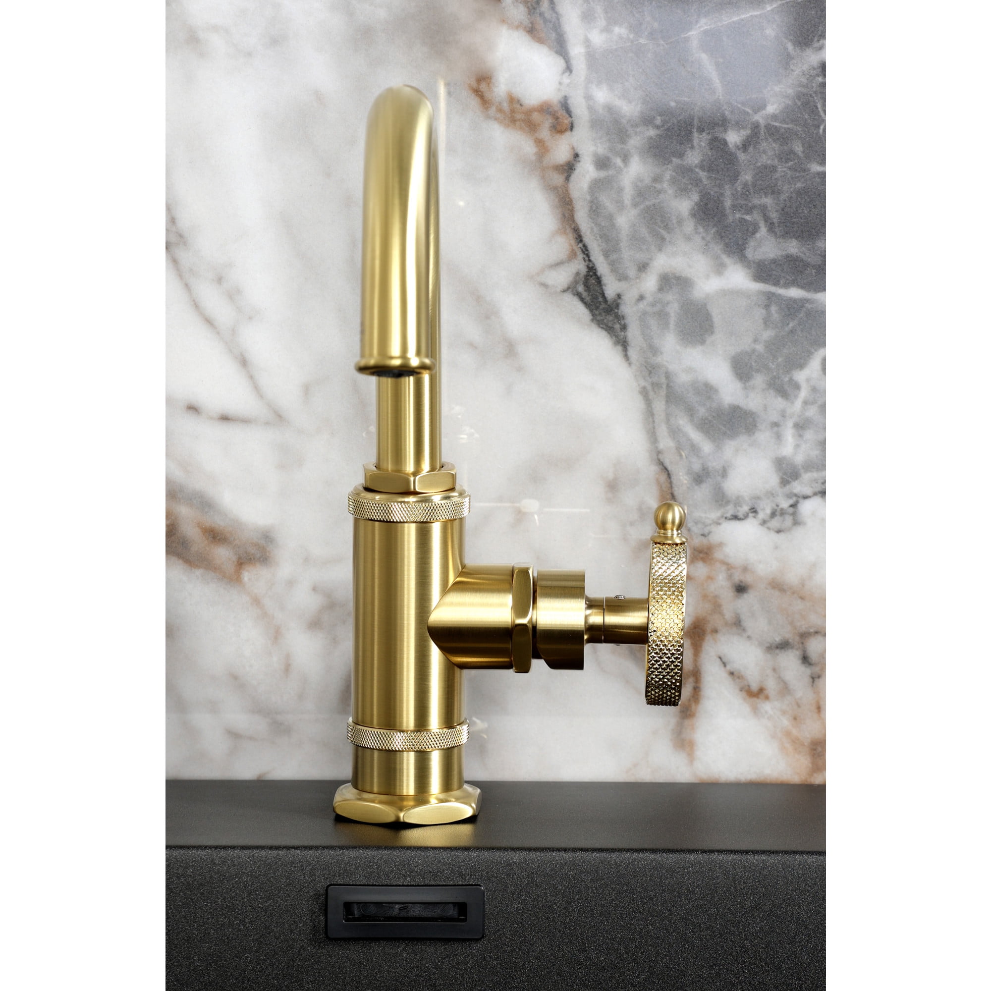 Kingston Brass KSD2217RKX Webb One-Handle 1-Hole Bathroom Faucet with Knurled Handle, Deck Plate, and Push Pop-Up Drain in Brushed Brass