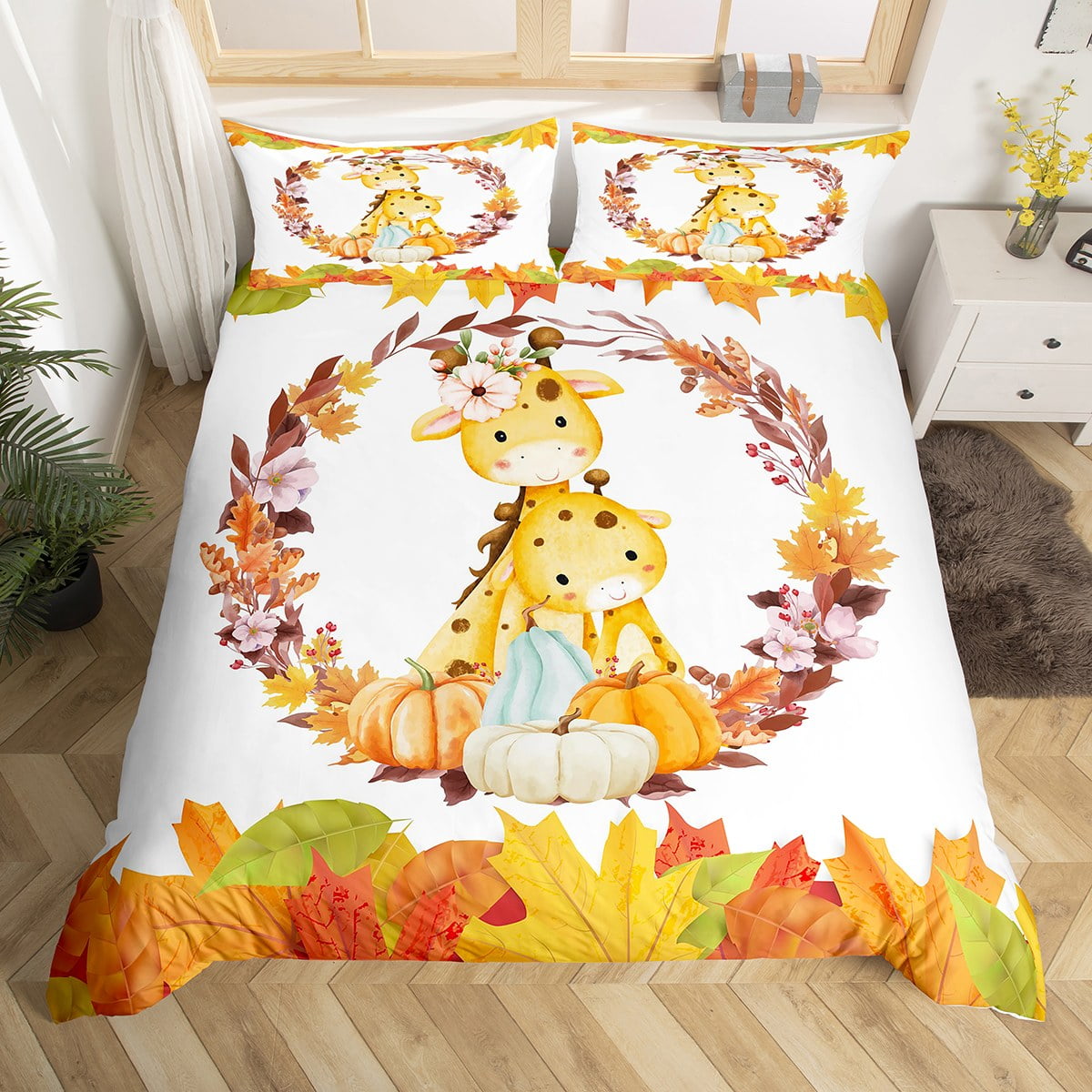 YST Cartoon Giraffe Comforter Cover Autumn Bedding Sets Queen Kawaii Woodland Animal Bed Sets