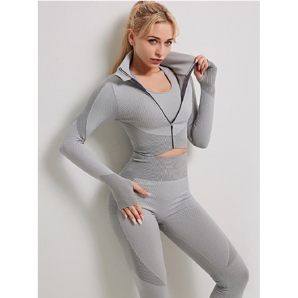 3-PC Womens Yoga Pants, Zipper Top, Sports Bra Set, Workout Clothes Gym  Fitness Gray 